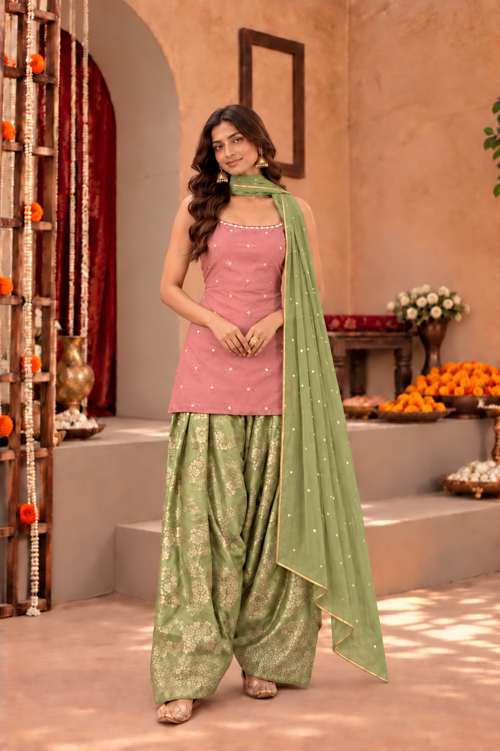 NIVEDITA DUST ROSE PASTEL GREEN FARSHI SALWAR SET