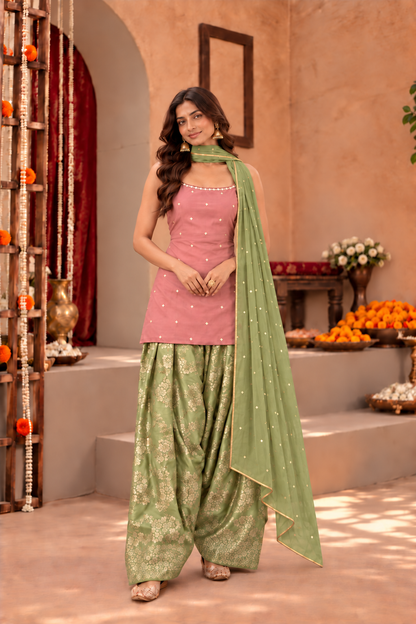 NIVEDITA DUST ROSE PASTEL GREEN FARSHI SALWAR SET