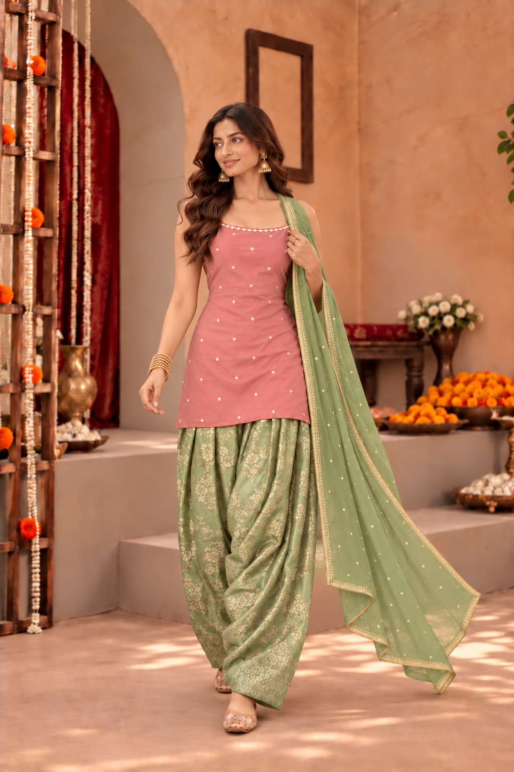 NIVEDITA DUST ROSE PASTEL GREEN FARSHI SALWAR SET