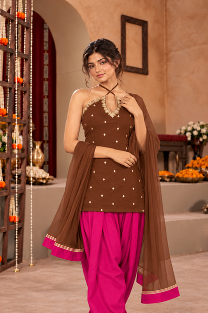 SANJANA BROWN PINK EMBELLISHED FARSHI SET