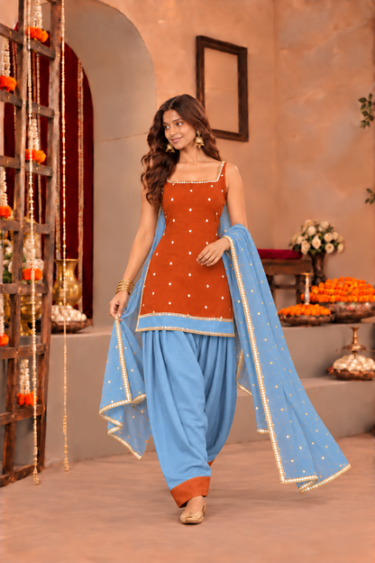 LEENA RUST POWDER BLUE COLOR BLOCK FARSHI SET (Copy)