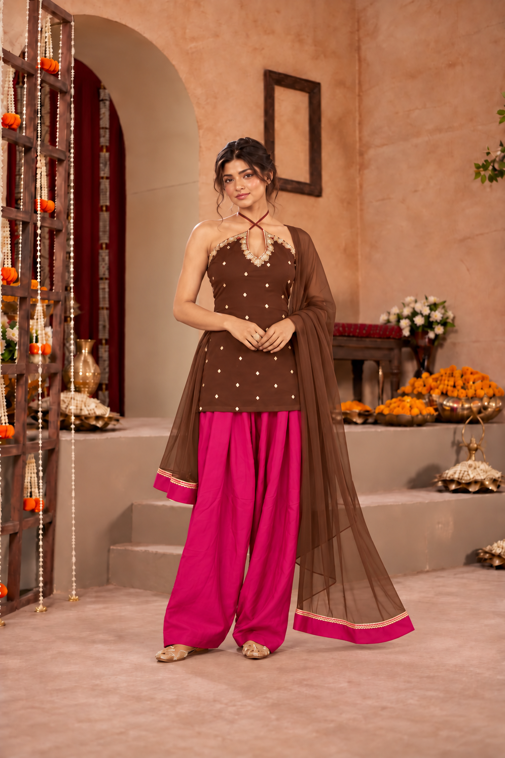 SANJANA BROWN PINK EMBELLISHED FARSHI SET