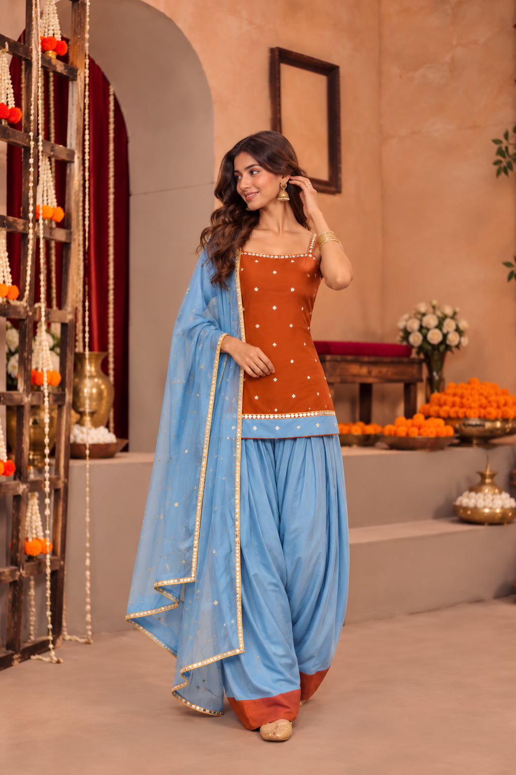 LEENA RUST POWDER BLUE COLOR BLOCK FARSHI SET (Copy)