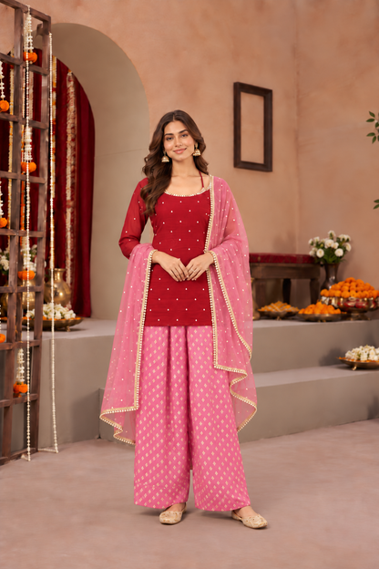TASHI RED PINK COLOR BLOCK FARSHI SET