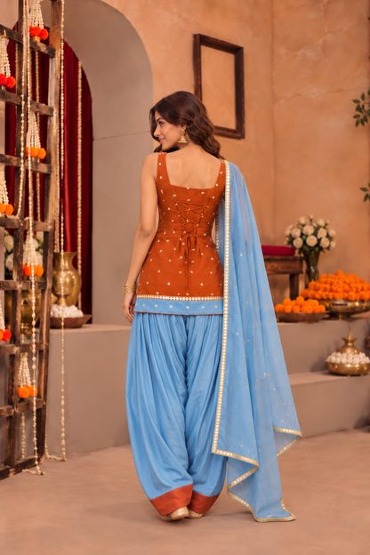 LEENA RUST POWDER BLUE COLOR BLOCK FARSHI SET (Copy)