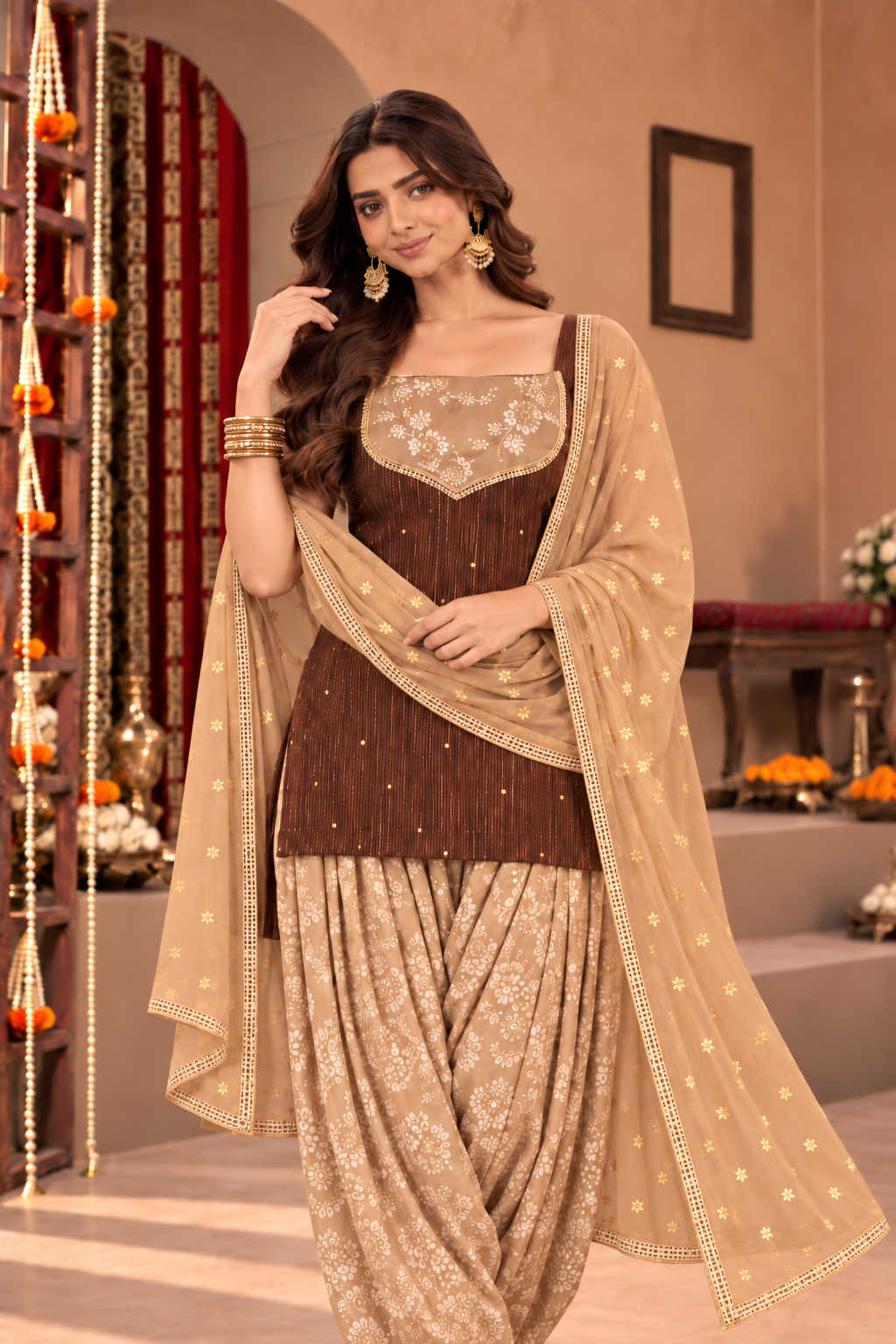 SHABANA COCO CHAMPAGNE BROCADE COLOR BLOCK FARSHI SET