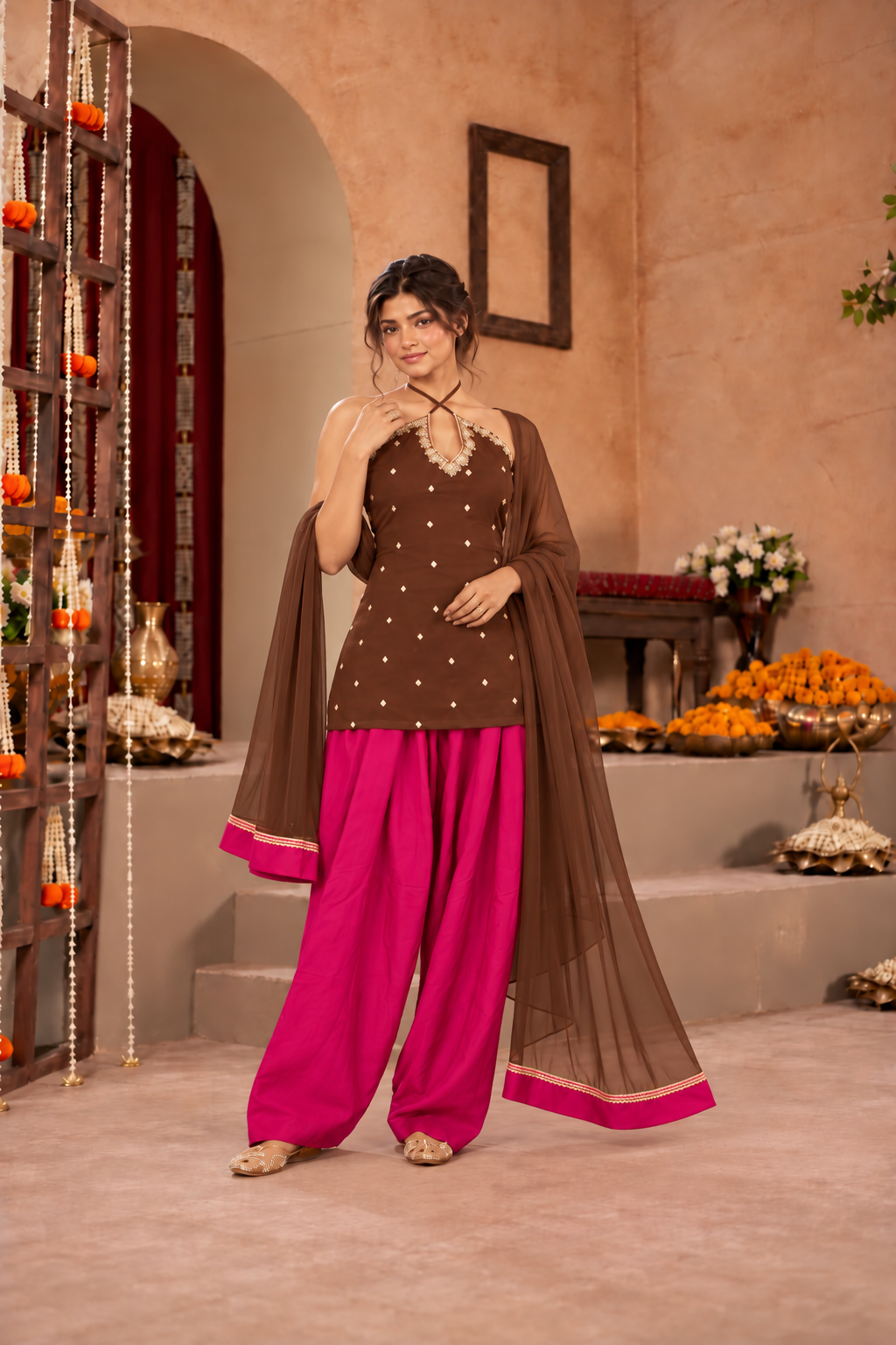 SANJANA BROWN PINK EMBELLISHED FARSHI SET