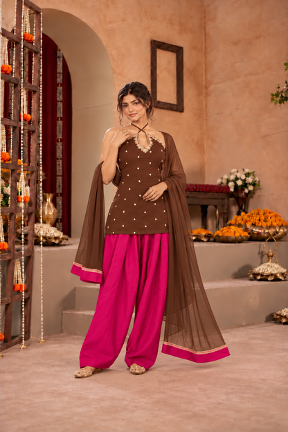 SANJANA BROWN PINK EMBELLISHED FARSHI SET