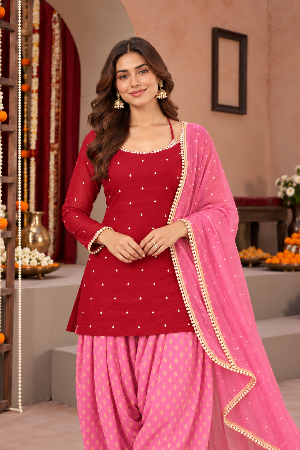 TASHI RED PINK COLOR BLOCK FARSHI SET