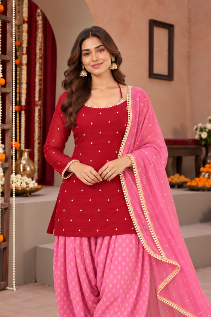 TASHI RED PINK COLOR BLOCK FARSHI SET