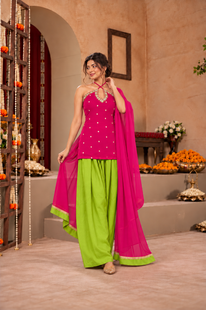 ISHIKA PINK LIME GREEN EMBELLISHED FARSHI SET