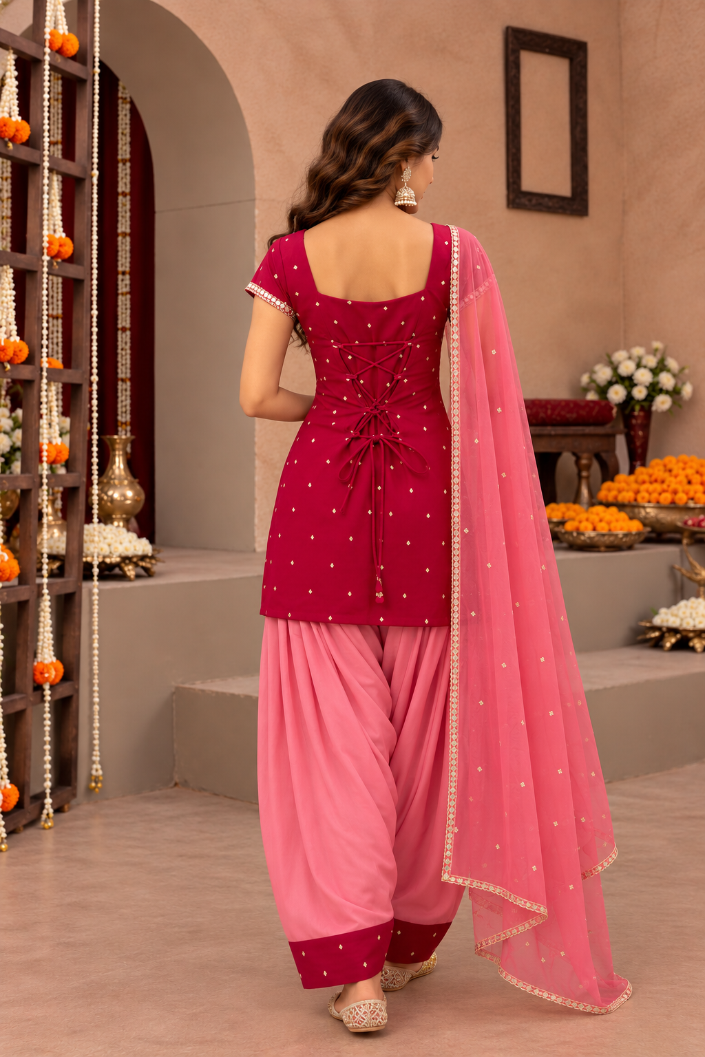 DEEPALI RUBY RED AND PINK COLOR BLOCK FARSHI SET