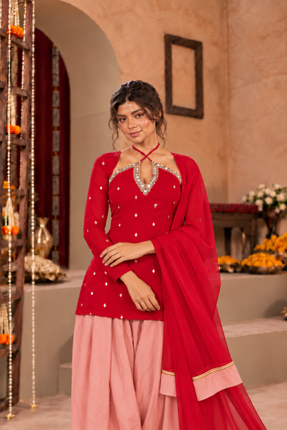 HAMNA RED BLUSH PINK EMBELLISHED FARSHI SET