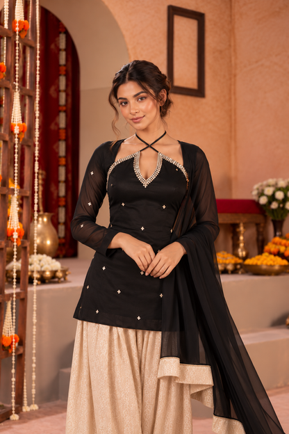 TEJI BLACK BEIGE EMBELLISHED FARSHI SET
