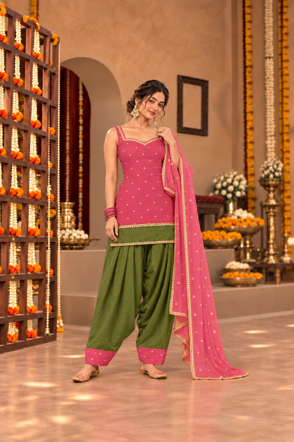 RAVIKA DUST ROSE GREEN COLOR BLOCK FARSHI SET