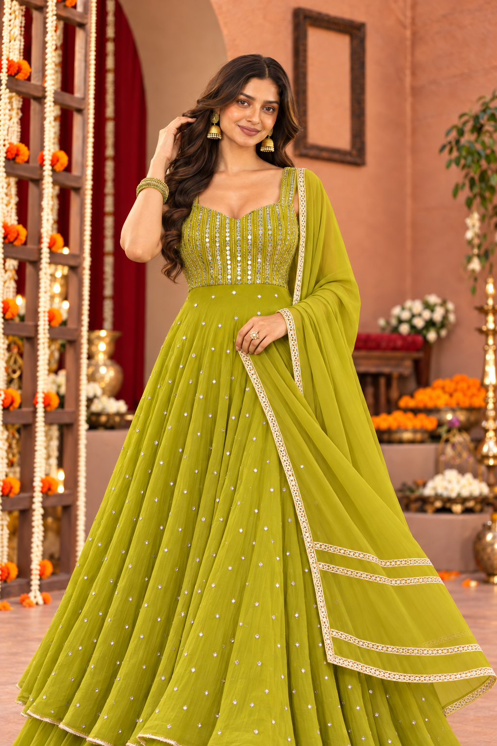 AKHILA GREEN FUSION ANARKALI SET