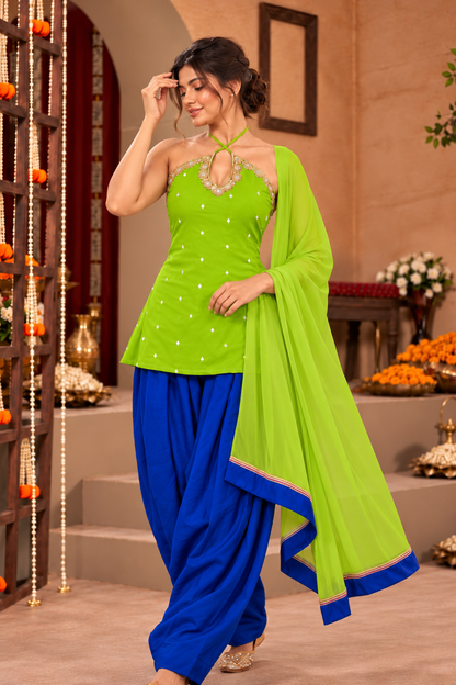VAGMITA LIME GREEN BLUE EMBELLISHED FARSHI SET