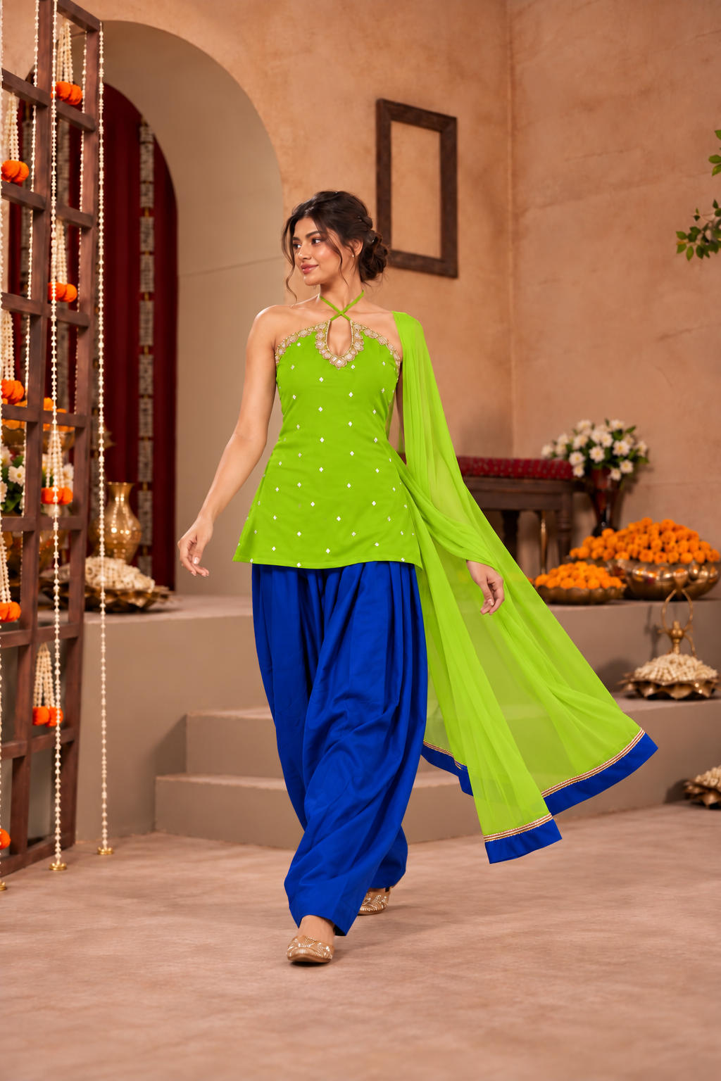 VAGMITA LIME GREEN BLUE EMBELLISHED FARSHI SET