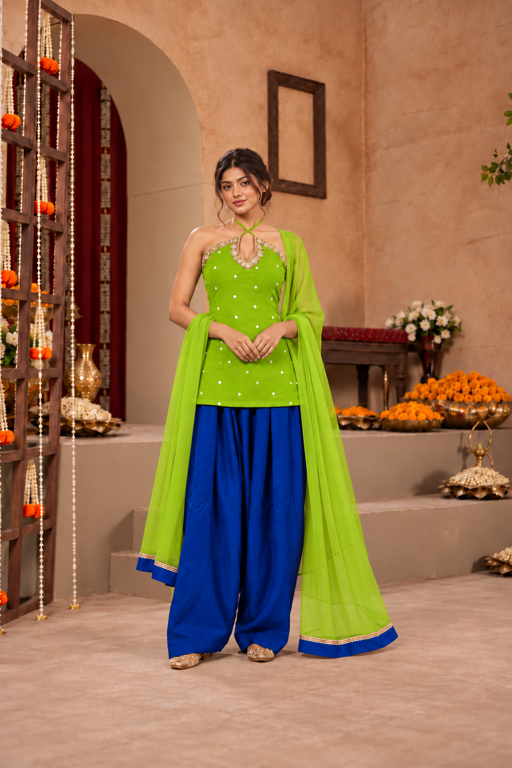 VAGMITA LIME GREEN BLUE EMBELLISHED FARSHI SET
