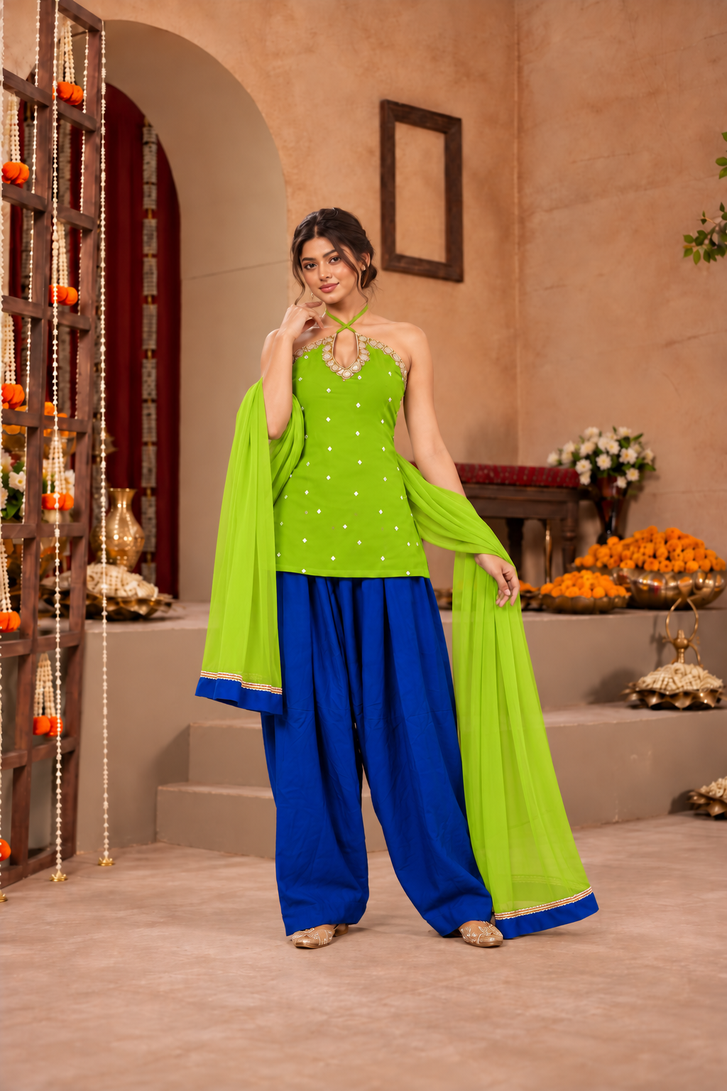 VAGMITA LIME GREEN BLUE EMBELLISHED FARSHI SET