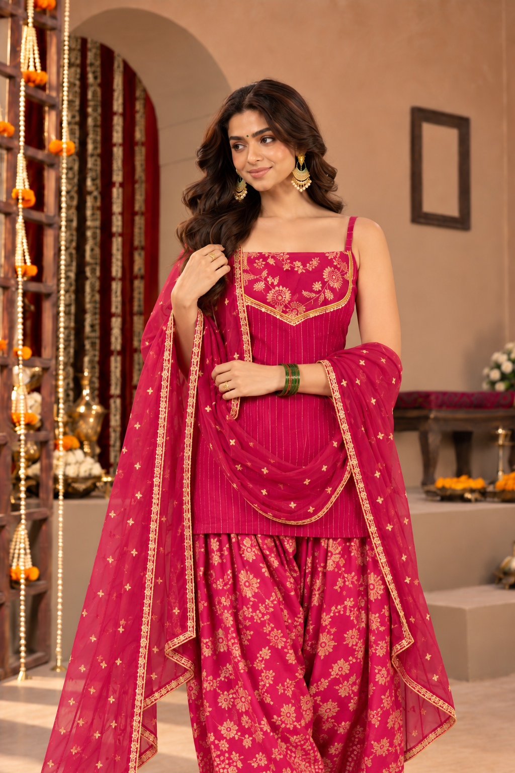 SHRUTI PINK BROCADE COLOR BLOCK FARSHI SET