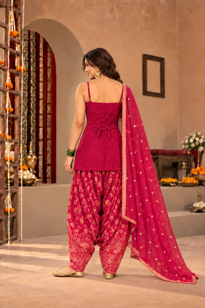 SHRUTI PINK BROCADE COLOR BLOCK FARSHI SET