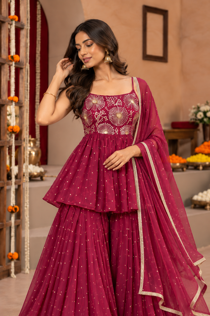 HRIDYA BURGUNDY SHARARA SET