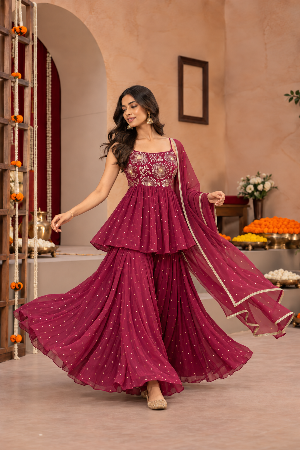 HRIDYA BURGUNDY SHARARA SET