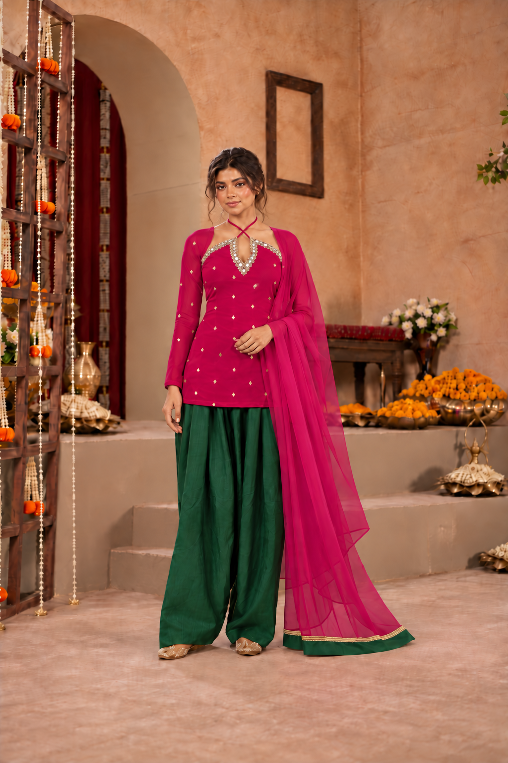 SABEEKA PINK GREEN EMBELLISHED FARSHI SET