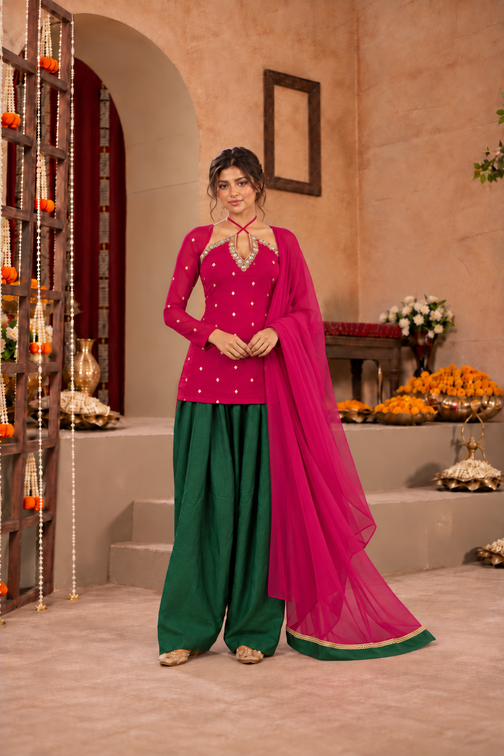 SABEEKA PINK GREEN EMBELLISHED FARSHI SET