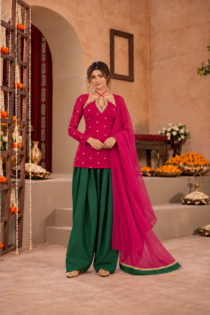 SABEEKA PINK GREEN EMBELLISHED FARSHI SET