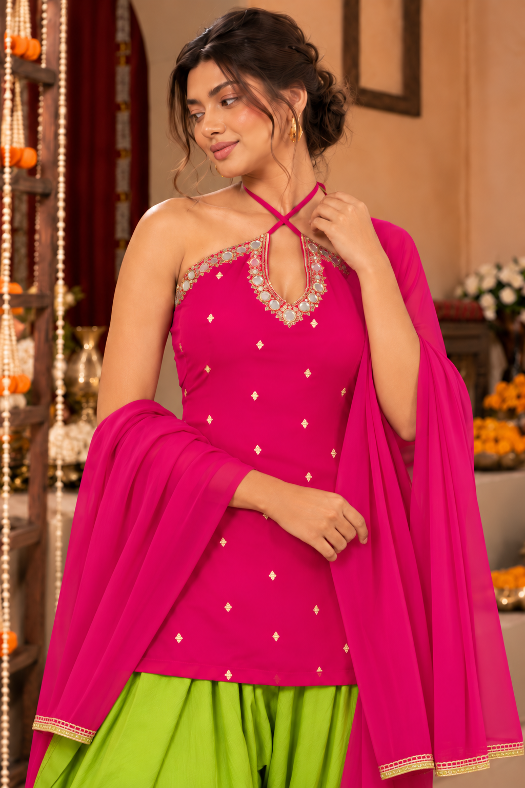 ISHIKA PINK LIME GREEN EMBELLISHED FARSHI SET