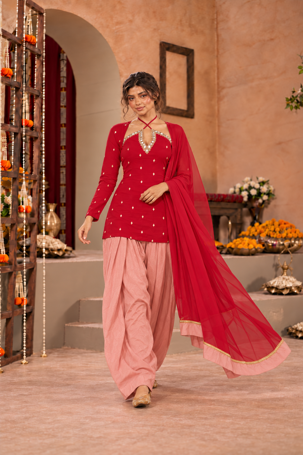 HAMNA RED BLUSH PINK EMBELLISHED FARSHI SET