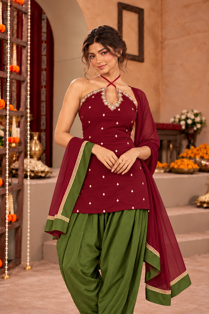REVATI BURGUNDY OLIVE GREEN EMBELLISHED FARSHI SET