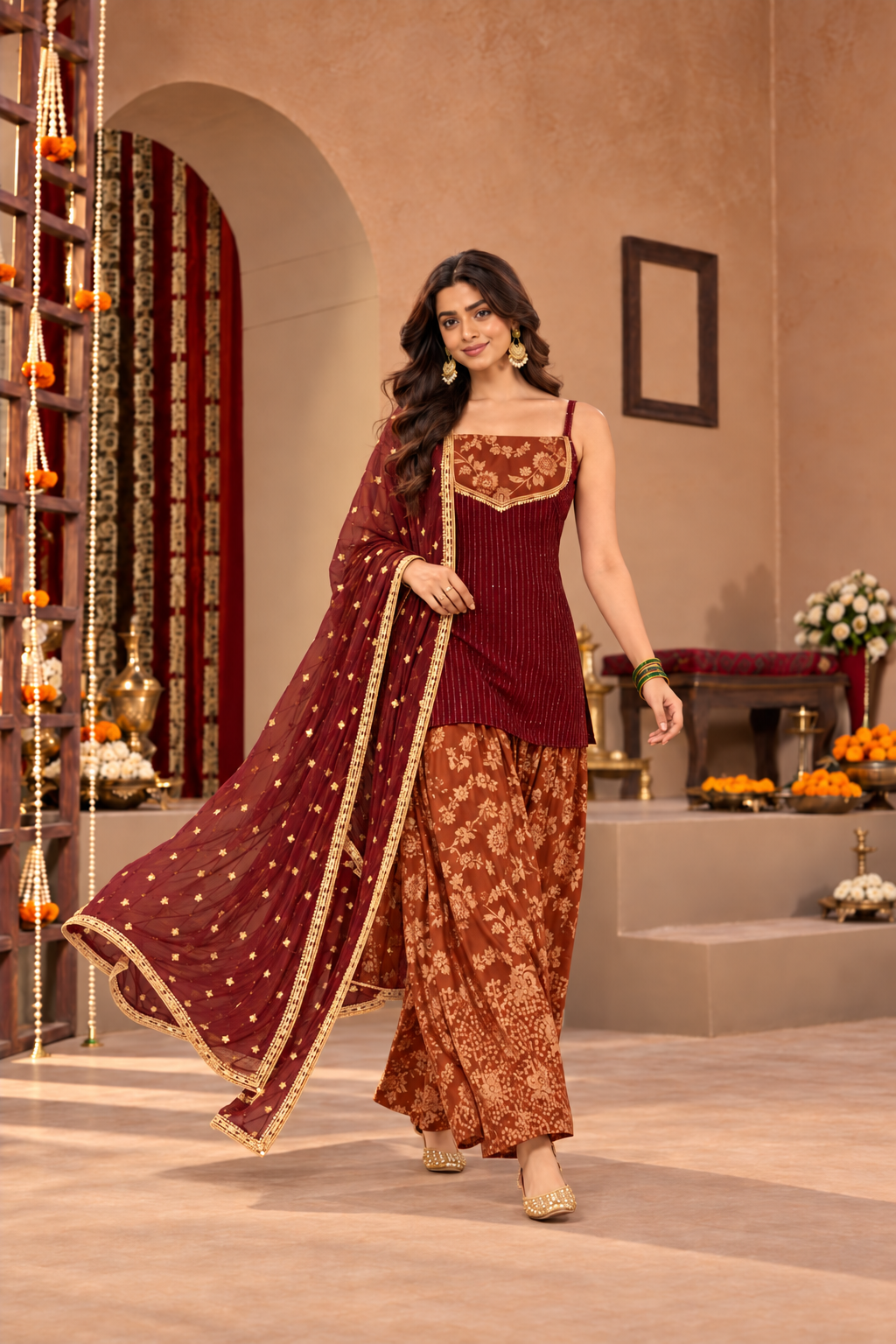 VIDYA MAROON RUST BROCADE COLOR BLOCK FARSHI SET