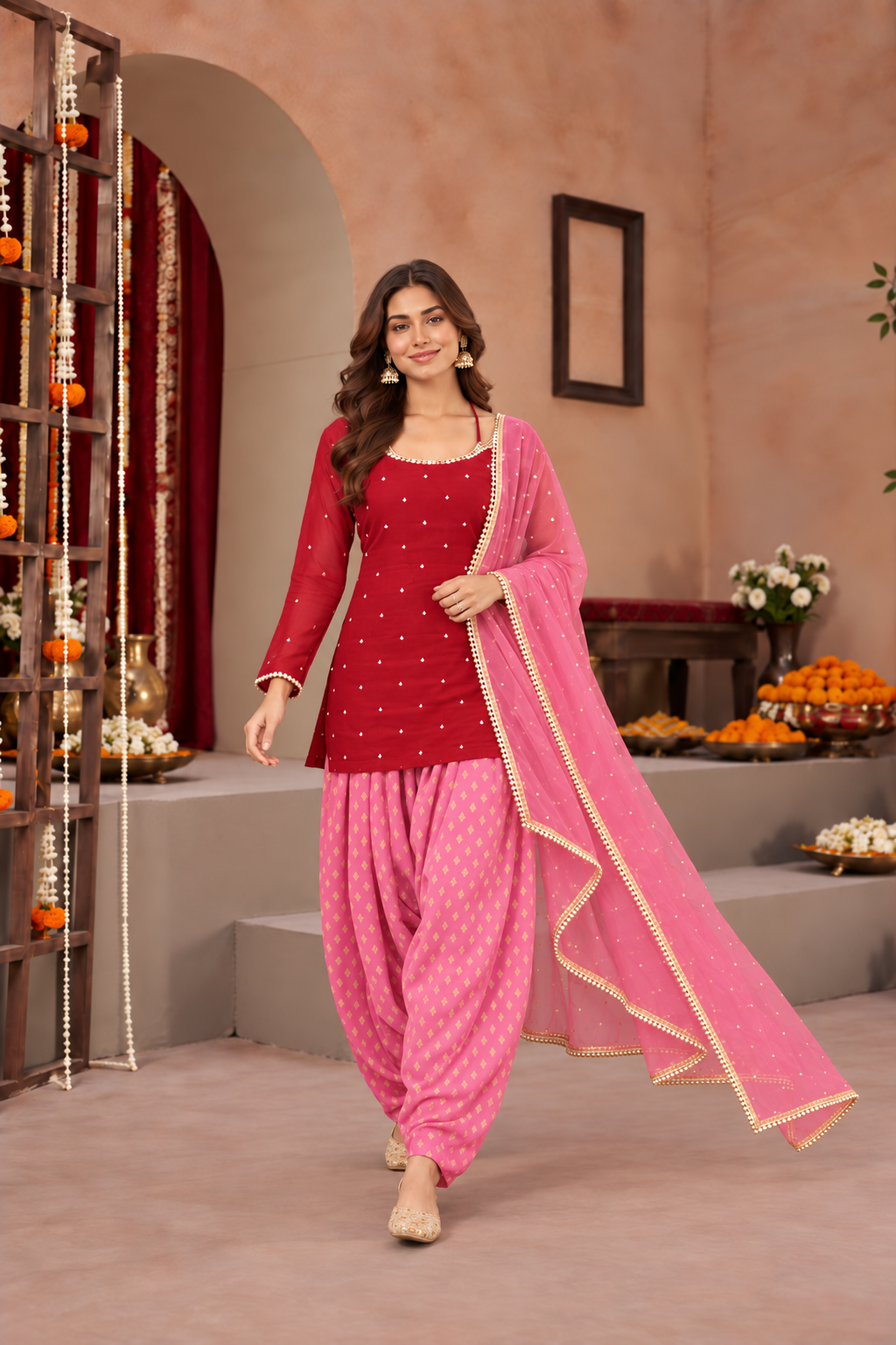 TASHI RED PINK COLOR BLOCK FARSHI SET