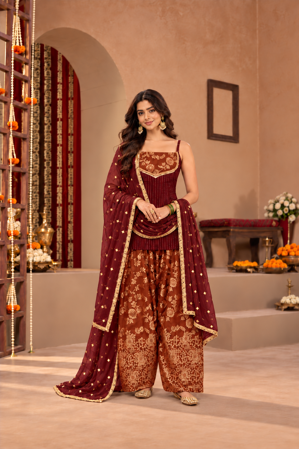 VIDYA MAROON RUST BROCADE COLOR BLOCK FARSHI SET
