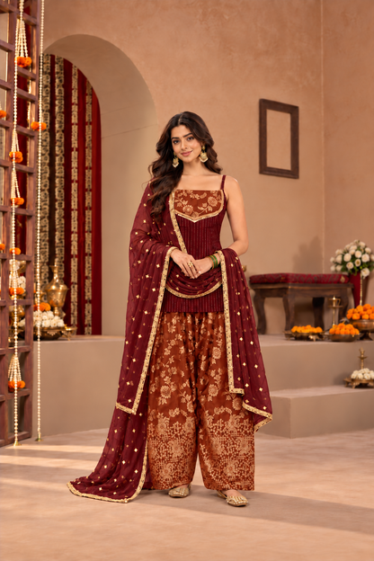 VIDYA MAROON RUST BROCADE COLOR BLOCK FARSHI SET
