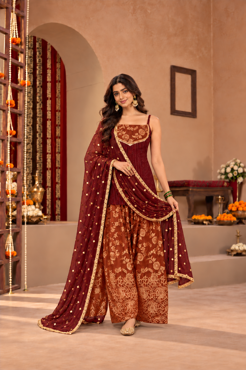 VIDYA MAROON RUST BROCADE COLOR BLOCK FARSHI SET