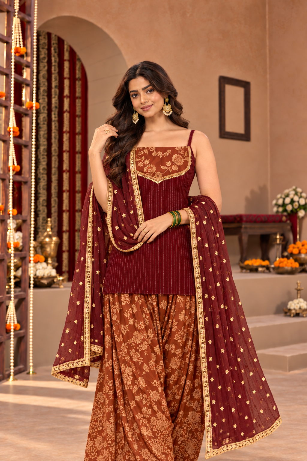 VIDYA MAROON RUST BROCADE COLOR BLOCK FARSHI SET