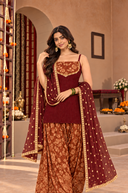 VIDYA MAROON RUST BROCADE COLOR BLOCK FARSHI SET