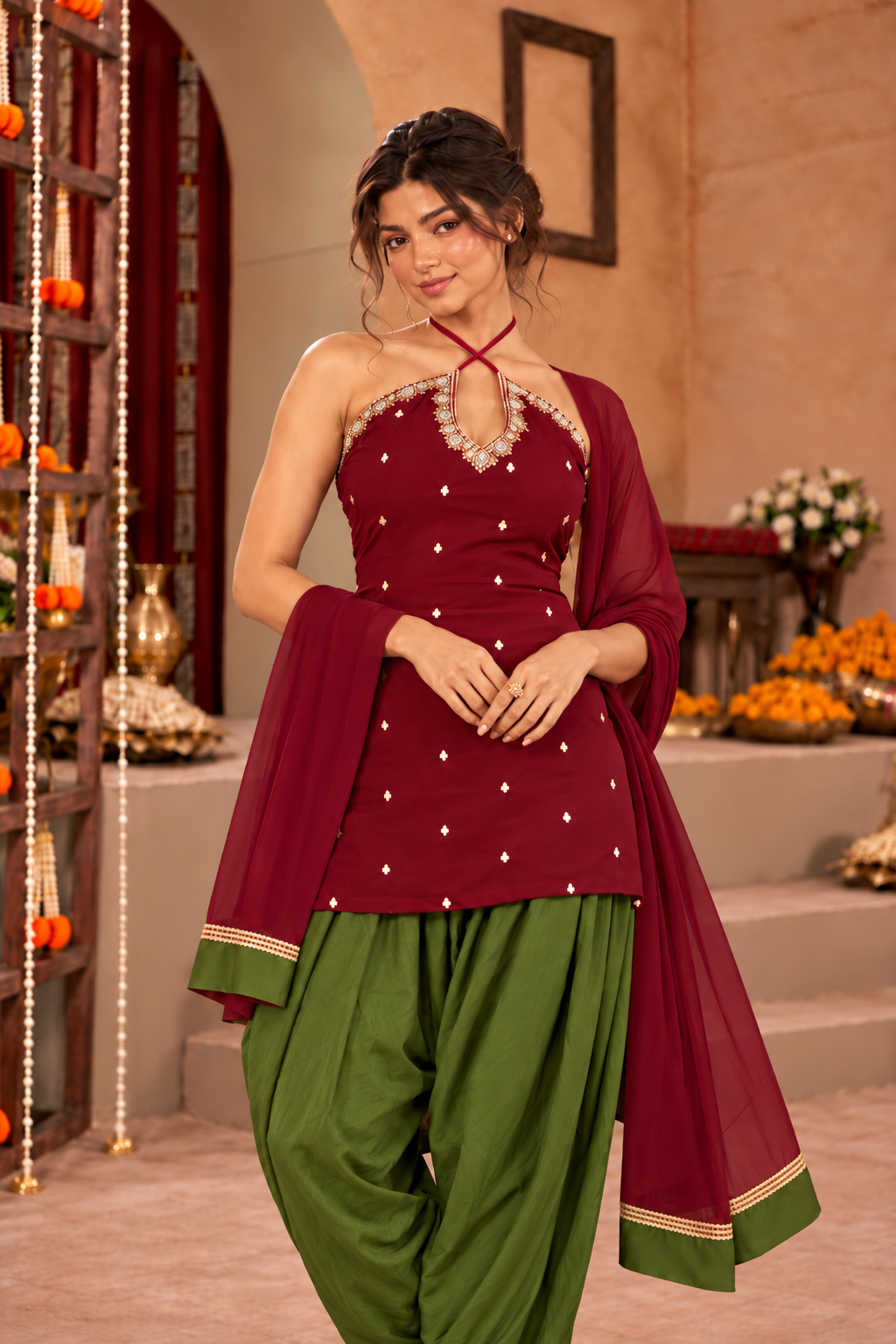 REVATI BURGUNDY OLIVE GREEN EMBELLISHED FARSHI SET