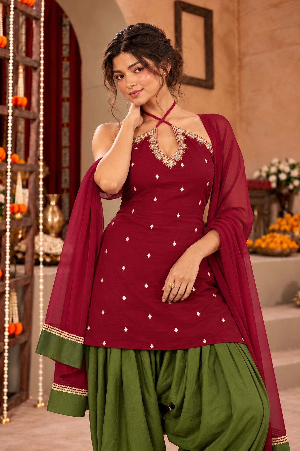 REVATI BURGUNDY OLIVE GREEN EMBELLISHED FARSHI SET