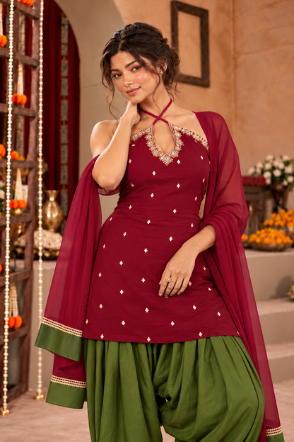 REVATI BURGUNDY OLIVE GREEN EMBELLISHED FARSHI SET