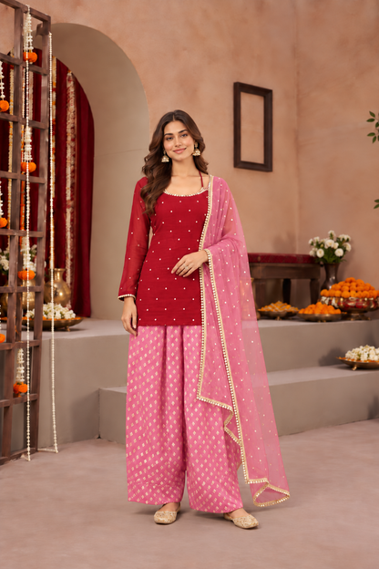 TASHI RED PINK COLOR BLOCK FARSHI SET