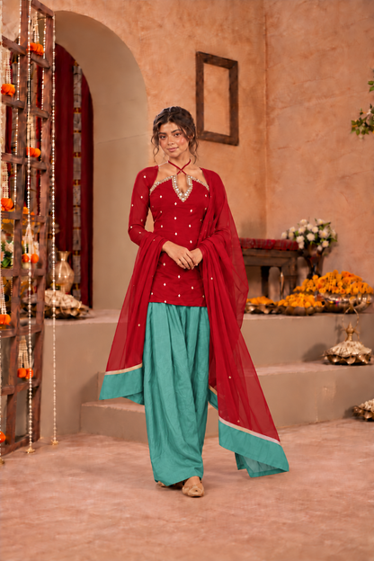 TANUSHRI RED TEAL EMBELLISHED FARSHI SET