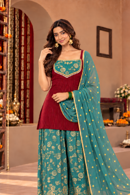 VIDYA MAROON TEAL BROCADE COLOR BLOCK FARSHI SET