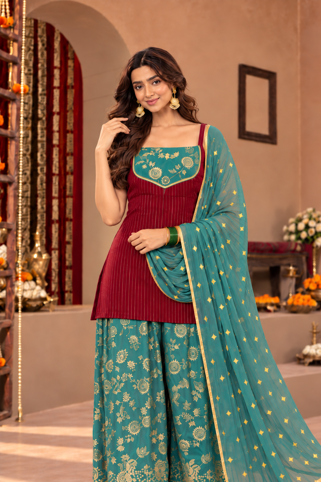 VIDYA MAROON TEAL BROCADE COLOR BLOCK FARSHI SET