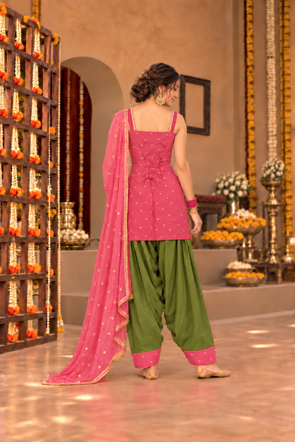 RAVIKA DUST ROSE GREEN COLOR BLOCK FARSHI SET