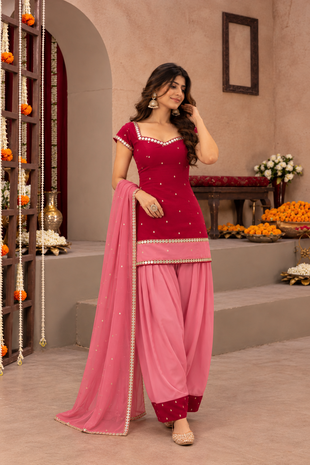 DEEPALI RUBY RED AND PINK COLOR BLOCK FARSHI SET